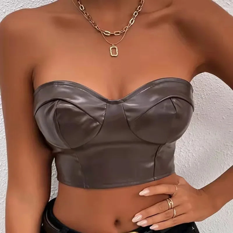 antmvs-Sexy Tank Top Glossy PU Leather Halter Crop Tops Women Wrap Chest Bare Midriff Camisole Sleeveless Tube Top Female Cropped Vest