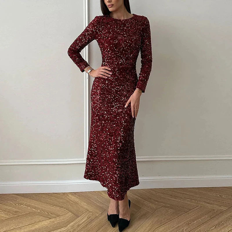 antmvs-Women Dress Sexy Shiny Glitter Sequin Long Party Dress Spring Autumn O-neck Long Sleeve Slim Bodycon Maxi Dresses Vestidos