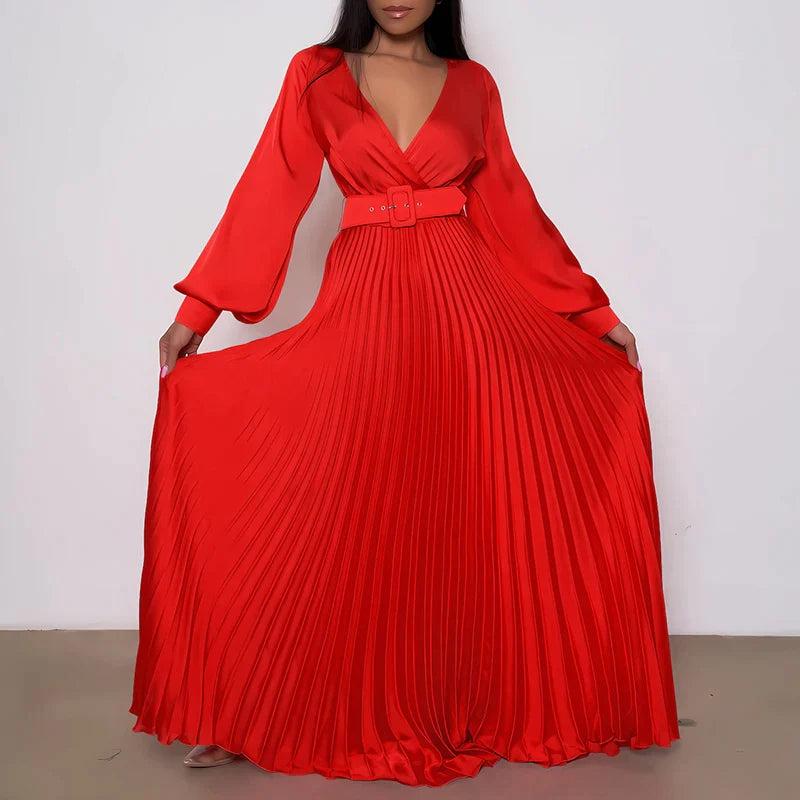 antmvs-Women Sexy Deep V-neck Swing Pleated Long Dress Spring High Waist Tie-up Belted Maxi Dress Autumn Long Sleeve Boho Party Dresses