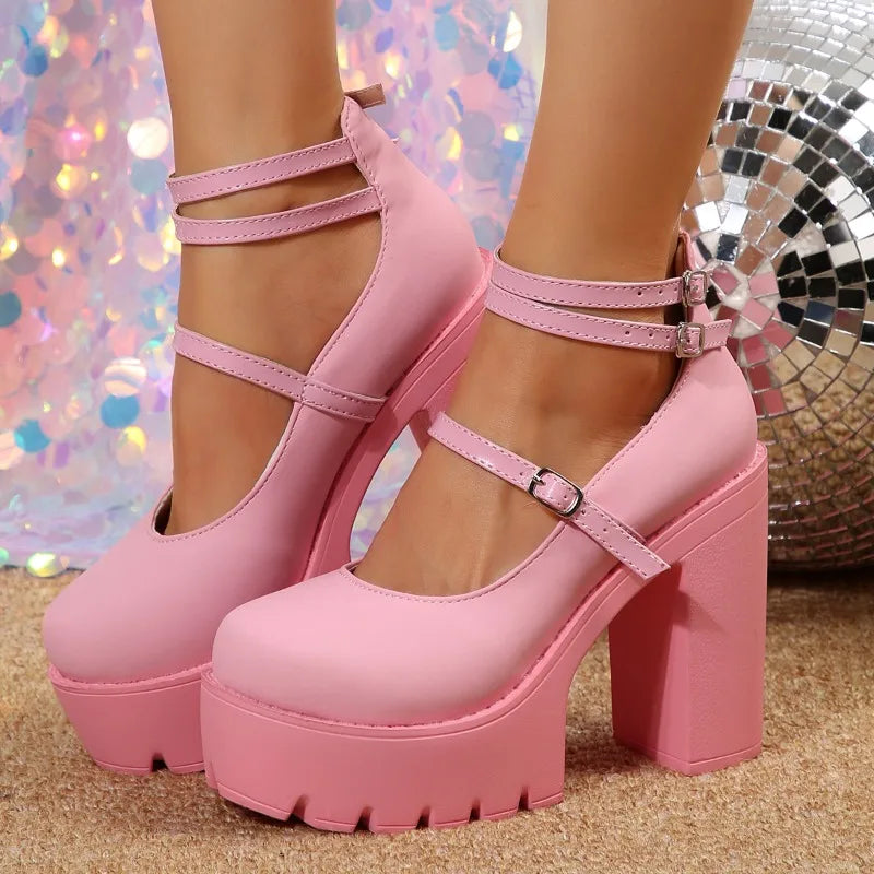 Pink Chunky Heeled Ankle Strap Pumps Sweet Platform Square Heel Woman High Heels Pumps Platform Shoes Spring Woman Shoes