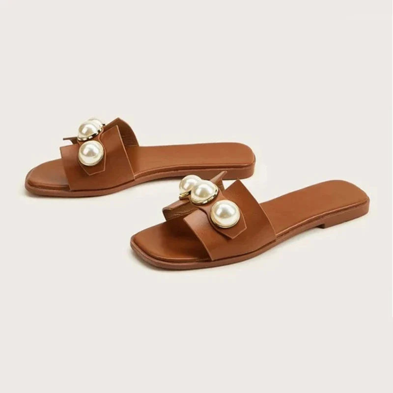 antmvs-New Women's Slippers Fashion Casual Pearl Solid Color Flats Simple Outdoor Comfort Soft Sole Beach Sandals Sandalias Femininas