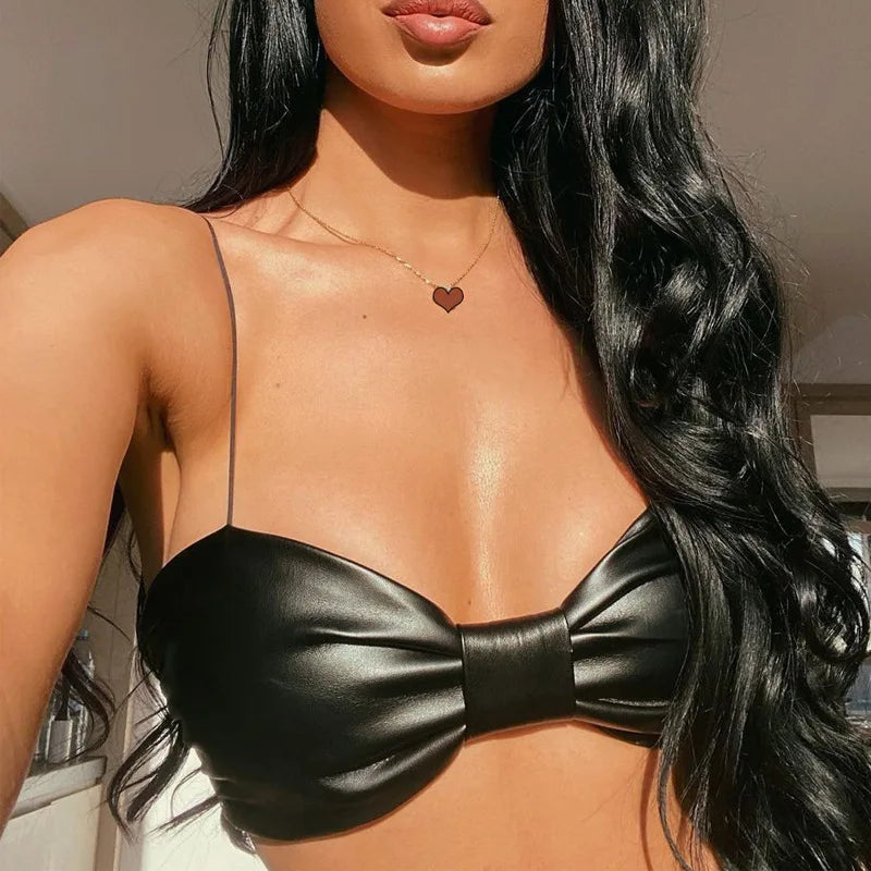 antmvs-Sexy Bow Tie Shape Bare Midriff PU Halter Crop Tops Women Bustier Tank Top Backless Camisole Female Sleeveless Cropped Vest
