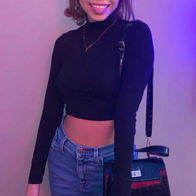 antmvs-Sexy Cross Bandage Backless Bare Midriff Short T Shirt Women Long Sleeves Bottoming Shirt Ladies Tee Shirt Tops Camisetas Mujer