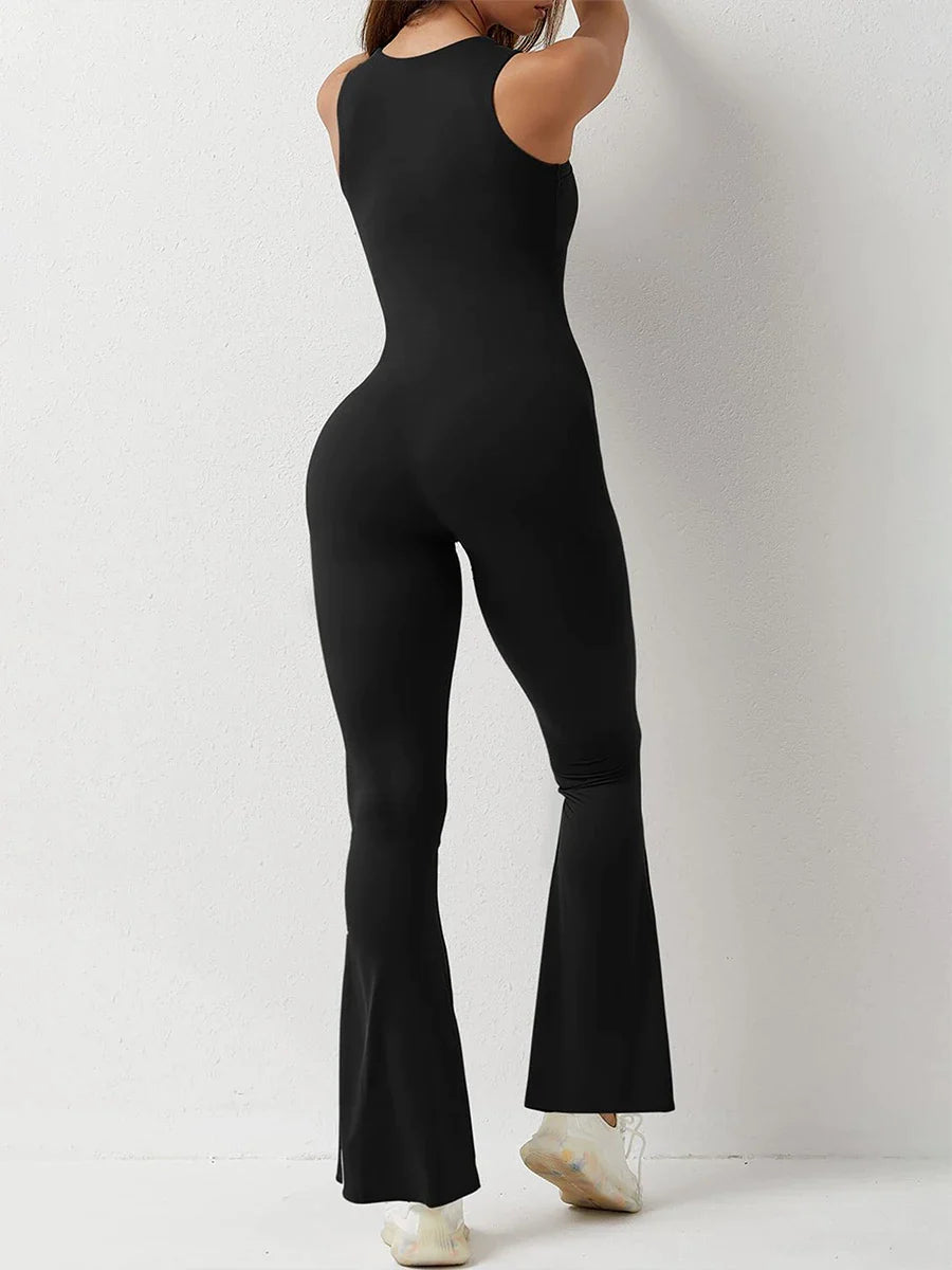 antmvs-Women's Full-Length Tank Slim and Sexy Jumpsuit Solid Color Long Sleeve Low Cut Square Neck Bodycon Romper for Yoga