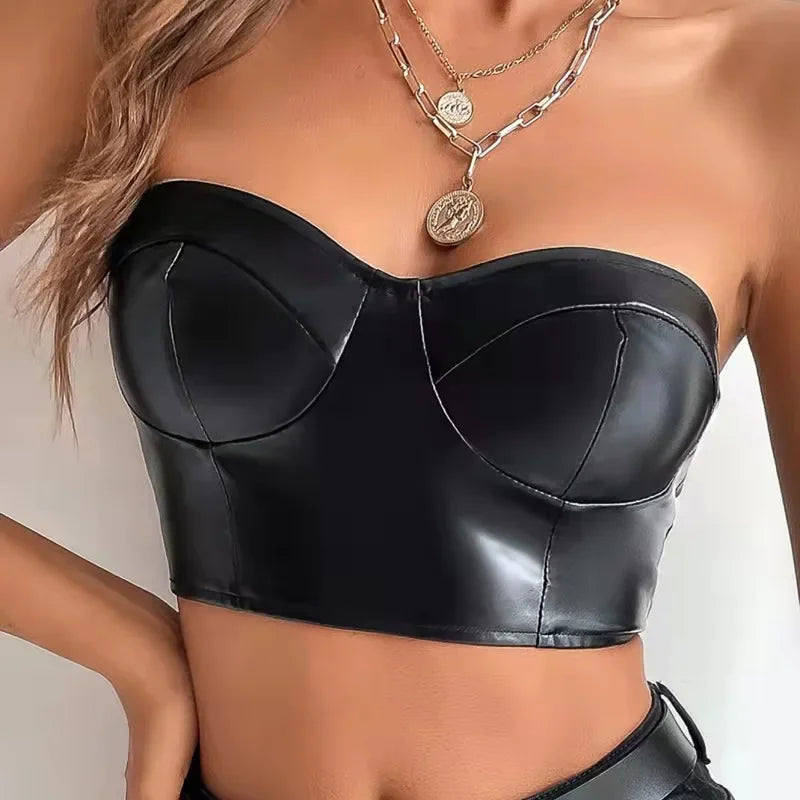 antmvs-Sexy Tank Top Glossy PU Leather Halter Crop Tops Women Wrap Chest Bare Midriff Camisole Sleeveless Tube Top Female Cropped Vest