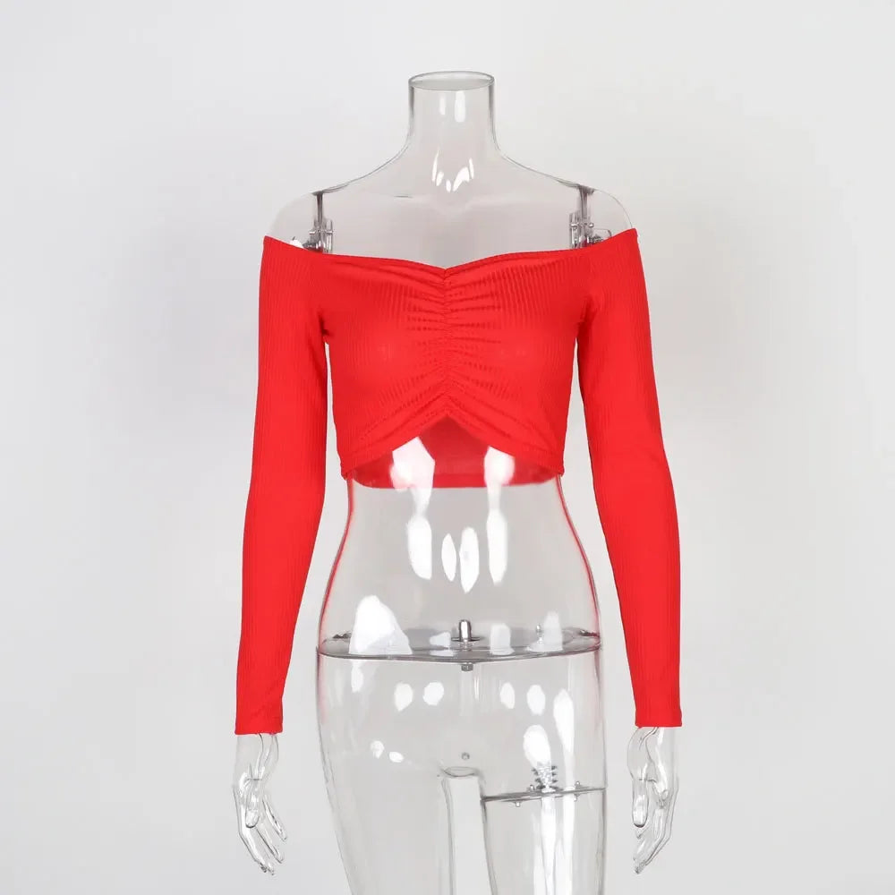 antmvs-Sexy Off Shoulder Bare Midriff Folds Rib T Shirt Women Long Sleeves Slash Neck Short Tshirt Ladies Tee Shirt Camisetas Mujer