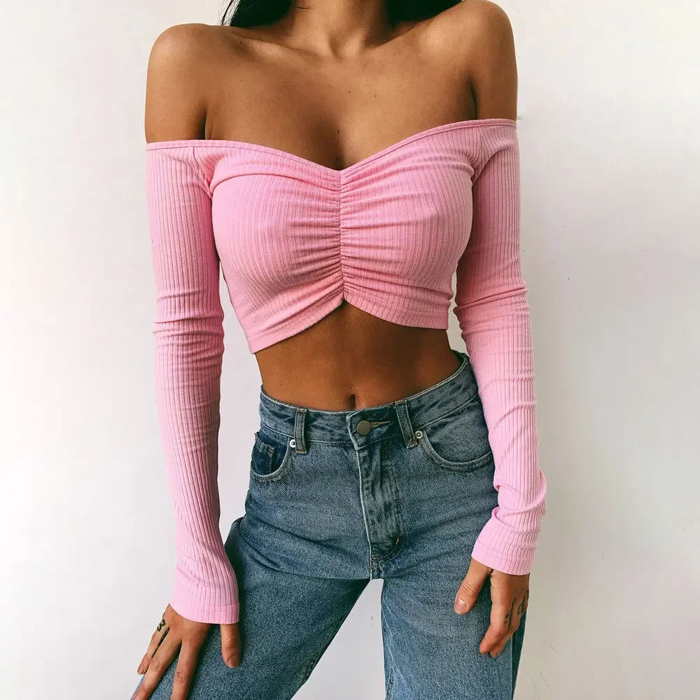 antmvs-Sexy Off Shoulder Bare Midriff Folds Rib T Shirt Women Long Sleeves Slash Neck Short Tshirt Ladies Tee Shirt Camisetas Mujer
