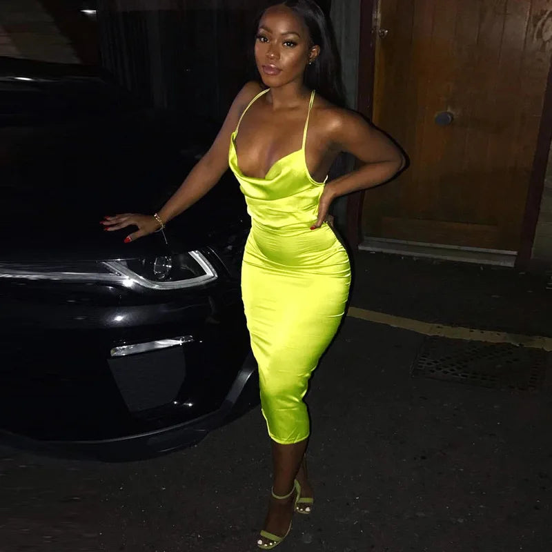 antmvs-Neon Satin Lace Up Women's Long Midi Dress Light Pink Bodycon Backless Elegant Party Sexy Club Clothes Summer Dinner Outfit