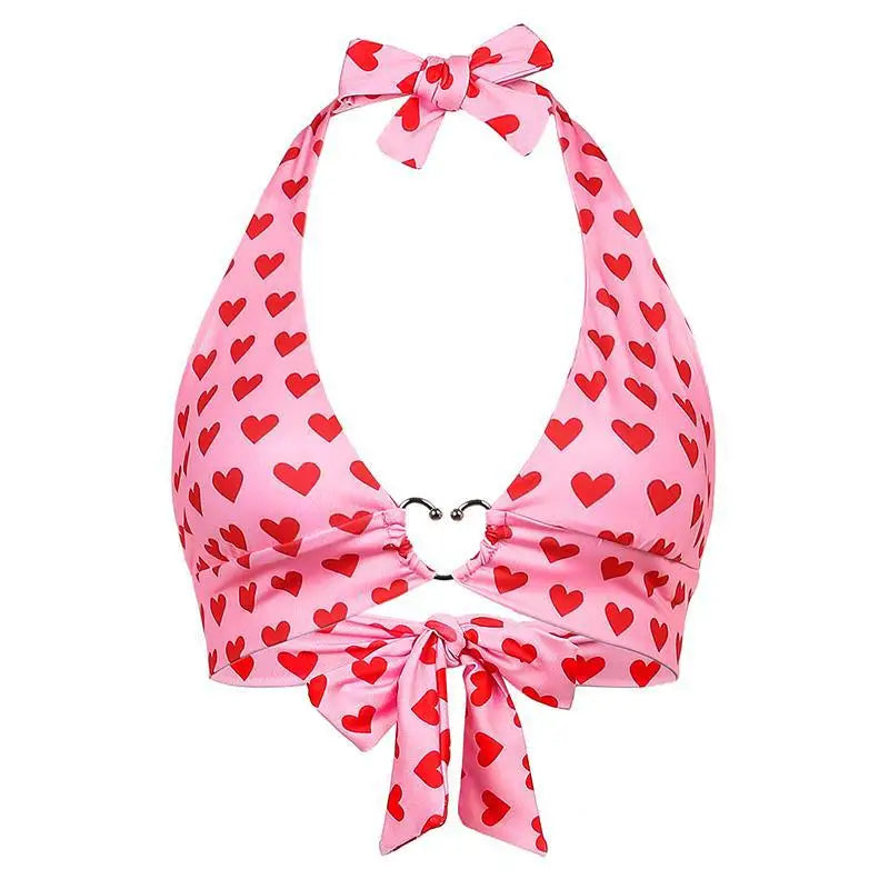 antmvs-Sexy Wrap Deep V Neck Heart Print Halter Crop Tops Women with Ring Backless Bandage Tank Camis Female Sleeveless Cropped Vest