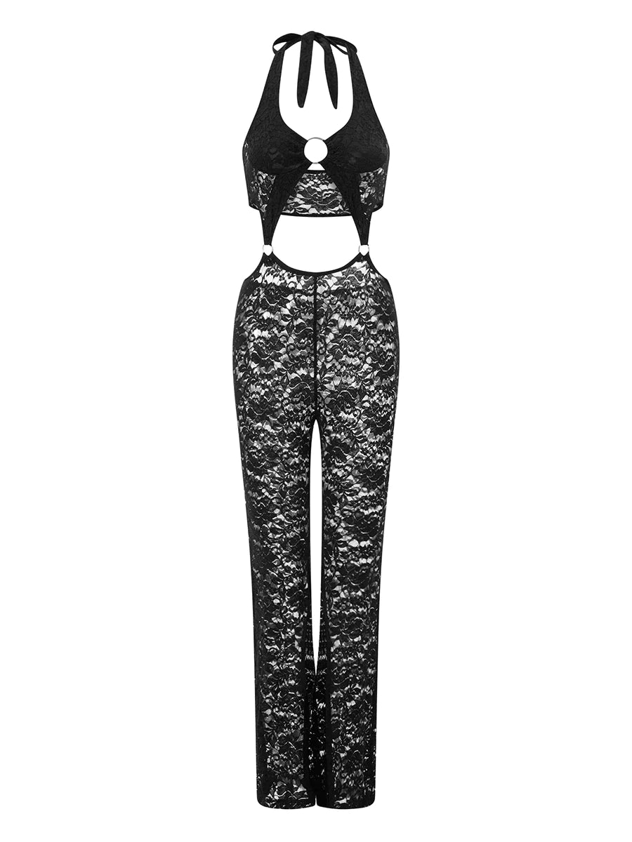antmvs-Women's Summer Romper Sleeveless Halter Metal Ring Front Lace Jumpsuit Pants Flare Playsuit Internet celebrity circular jumpsuit