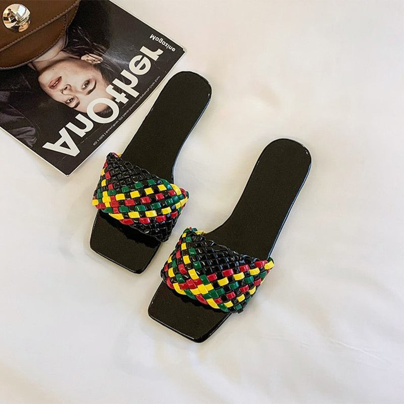 antmvs New Fashion Weave Slippers Women Square Toe Flat Casual Shoes Women Slide Summer Flip Flops Beach Sandal Slipper Big Size42