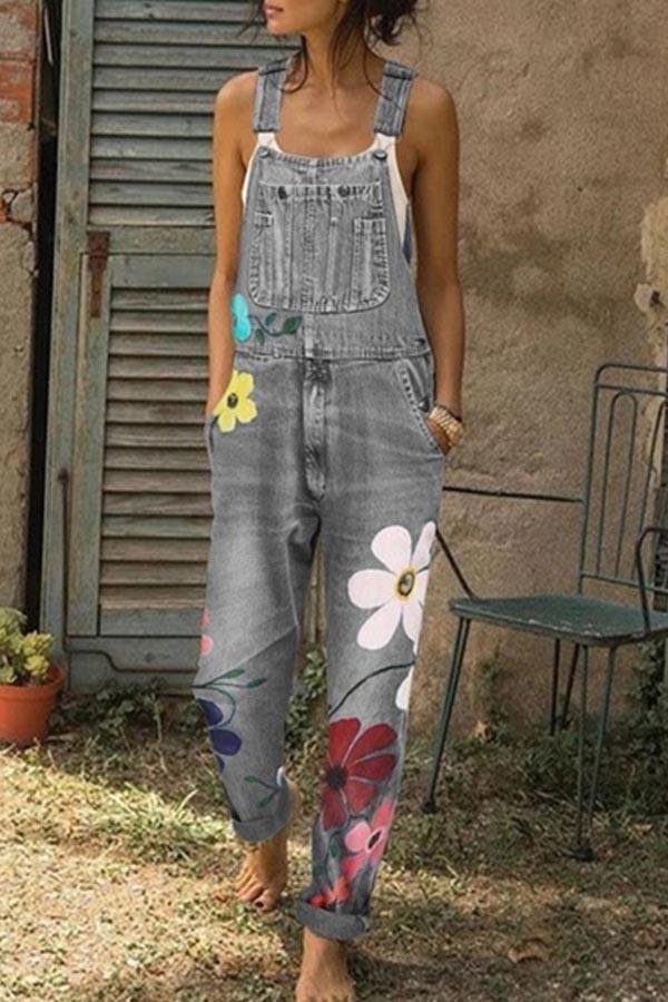 Antmvs Flower-printed Baggy Jeans With Suspenders(3 Colors)