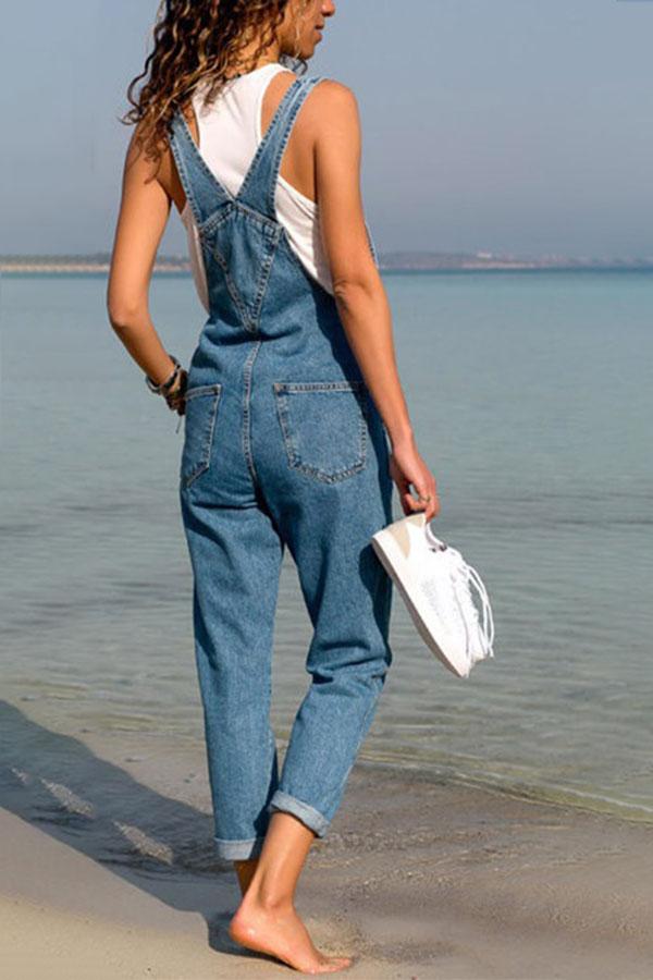 Antmvs Solid Color Loose Denim Overalls