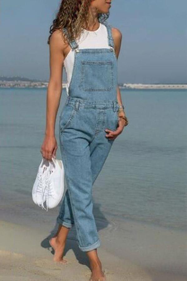 Antmvs Solid Color Loose Denim Overalls
