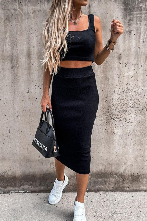 Antmvs Casual Solid Color Vest and Short Skirt Two-piece Suit