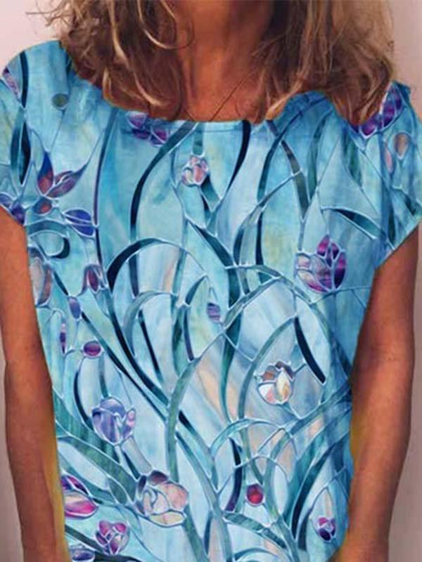 Short Sleeve Printed Casual Crew Neck Shirts & Tops