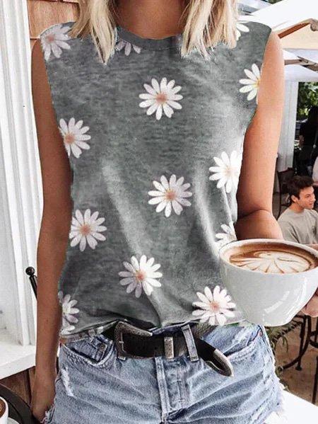 Sleeveless T-shirt with Daisy print round neck