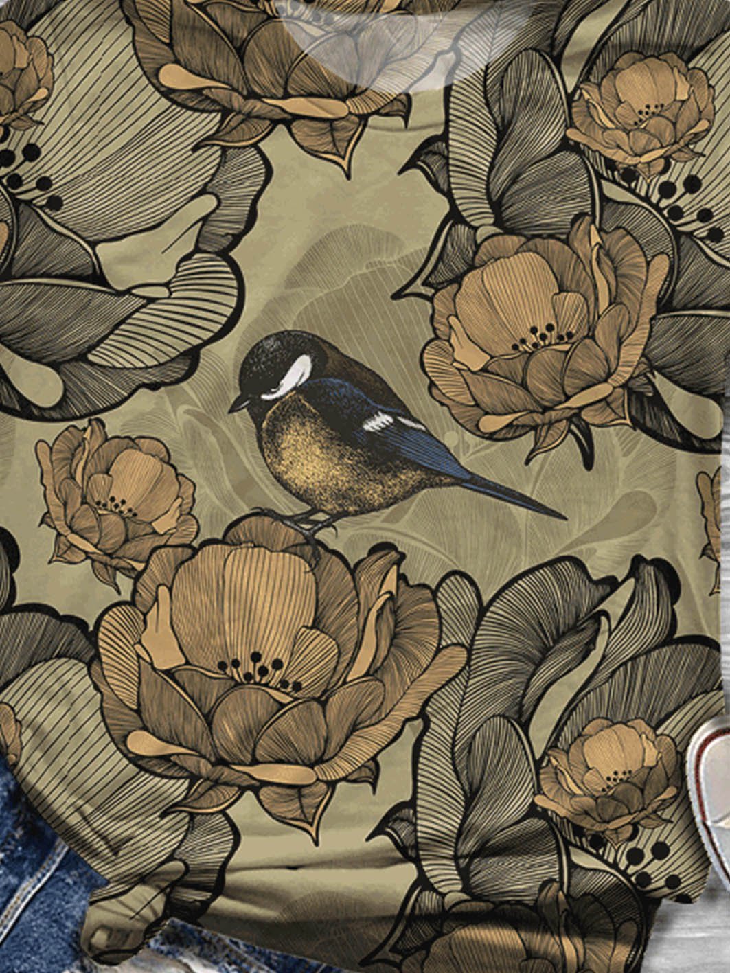 Bird floral print crew neck T-shirt
