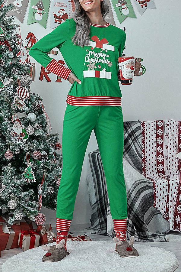 Antmvs Letter Christmas Stripe Print Pajamas Sets