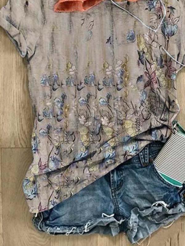 Short Sleeve Casual Crew Neck Floral-print Shirts & Tops