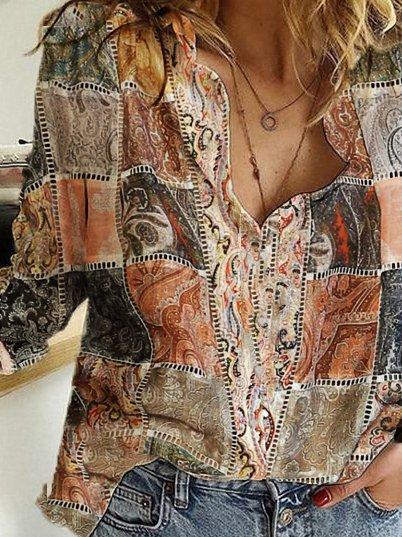V Neck Plaid Long Sleeve Shirts & Tops