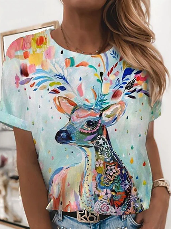 Cotton-Blend Short Sleeve Casual Printed Shirts & Tops