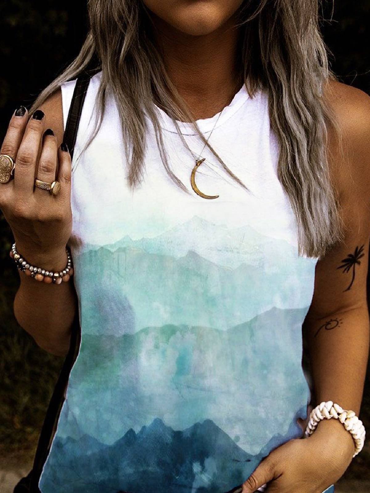 Floral-Print Ombre/tie-Dye Crew Neck Sleeveless Shirts & Tops