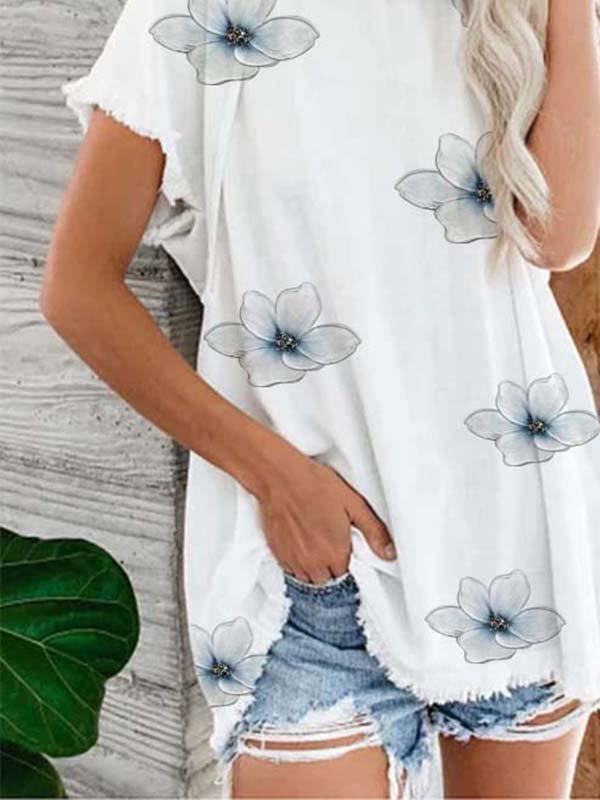 Cotton-Blend Casual Floral-Print Crew Neck Shirts & Tops