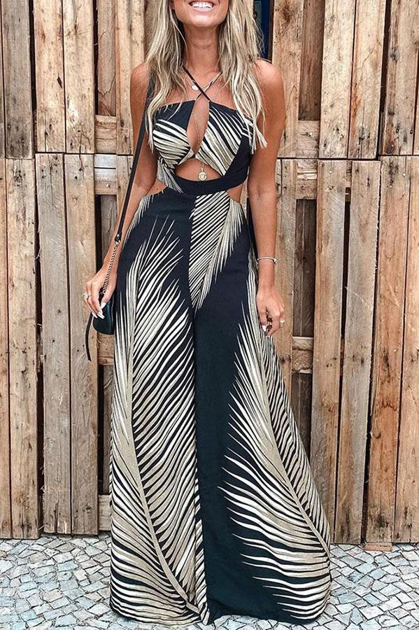 Antmvs Tropical Palm Leaf Print Cutout Wide Leg Jumpsuit