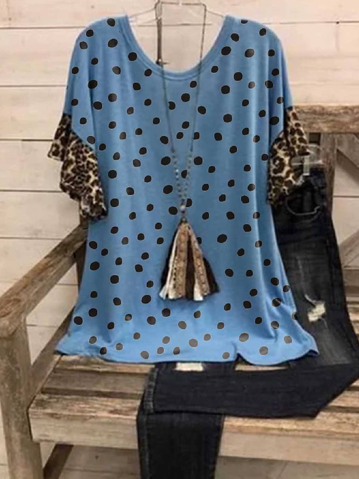 Paneled Cotton-Blend Casual Leopard Shirts & Tops