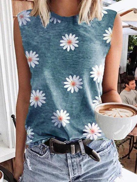 Sleeveless T-shirt with Daisy print round neck