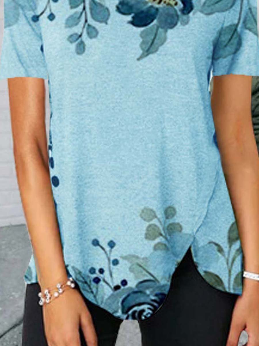 Floral Short Sleeve Printed Cotton-blend V neck Casual Summer Blue Top