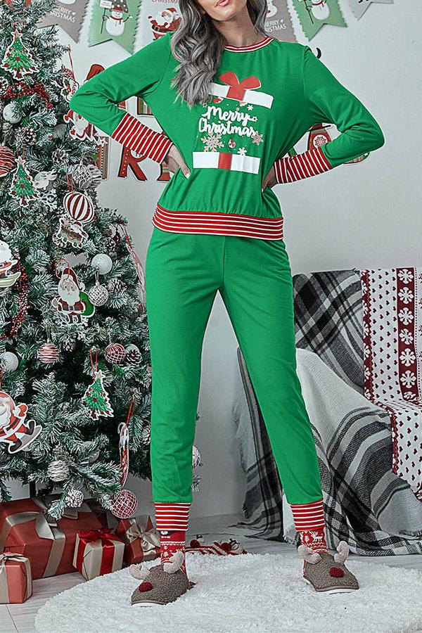 Antmvs Letter Christmas Stripe Print Pajamas Sets