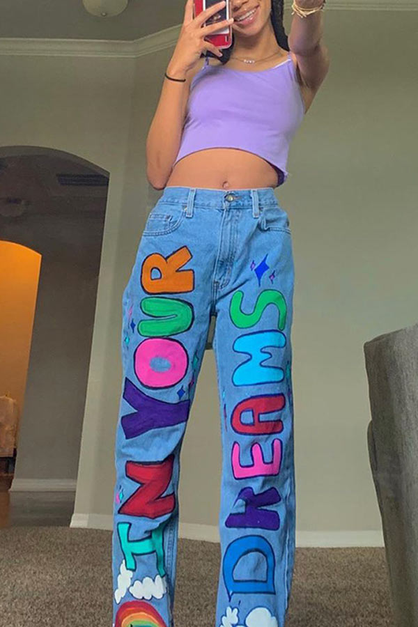 Antmvs Fashion Letter Print Straight Jeans