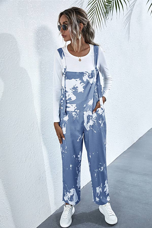 Antmvs Fashion Tie-dye Print Pocket Design Jumpsuits