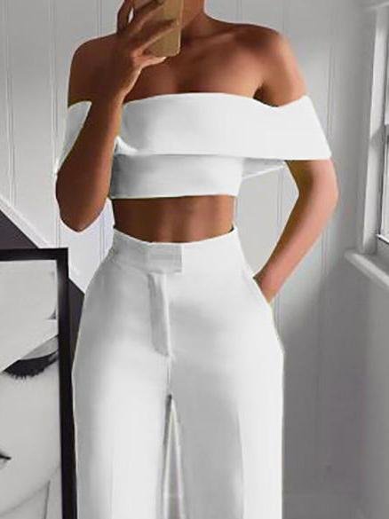 Antmvs One-Shoulder Crop Top & Mopping Pants Two-Piece Suit