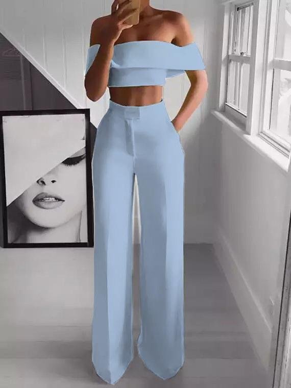 Antmvs One-Shoulder Crop Top & Mopping Pants Two-Piece Suit