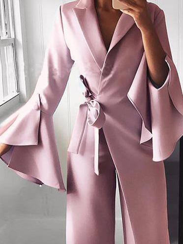 Antmvs Women's Jumpsuits Lapel Flare Long Sleeve Belted Jumpsuit