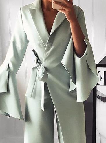 Antmvs Women's Jumpsuits Lapel Flare Long Sleeve Belted Jumpsuit