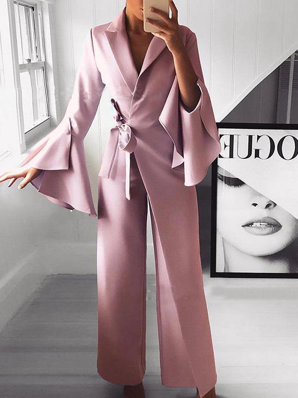 Antmvs Women's Jumpsuits Lapel Flare Long Sleeve Belted Jumpsuit