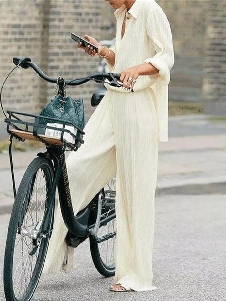 Antmvs Women's Sets Long Sleeve Pleated Shirt & Wide-Leg Trousers Two-Piece Suit