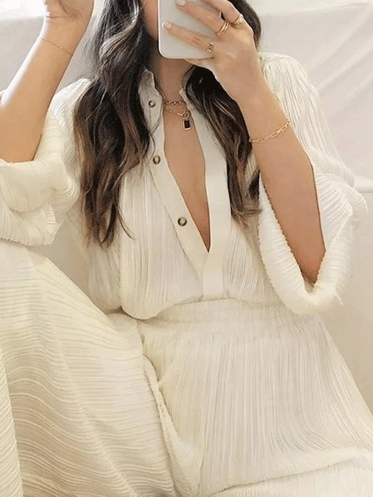 Antmvs Women's Sets Long Sleeve Pleated Shirt & Wide-Leg Trousers Two-Piece Suit
