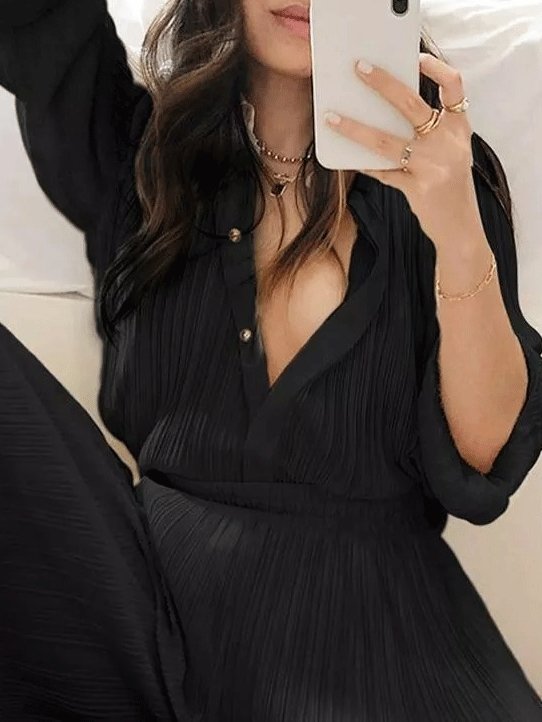 Antmvs Women's Sets Long Sleeve Pleated Shirt & Wide-Leg Trousers Two-Piece Suit