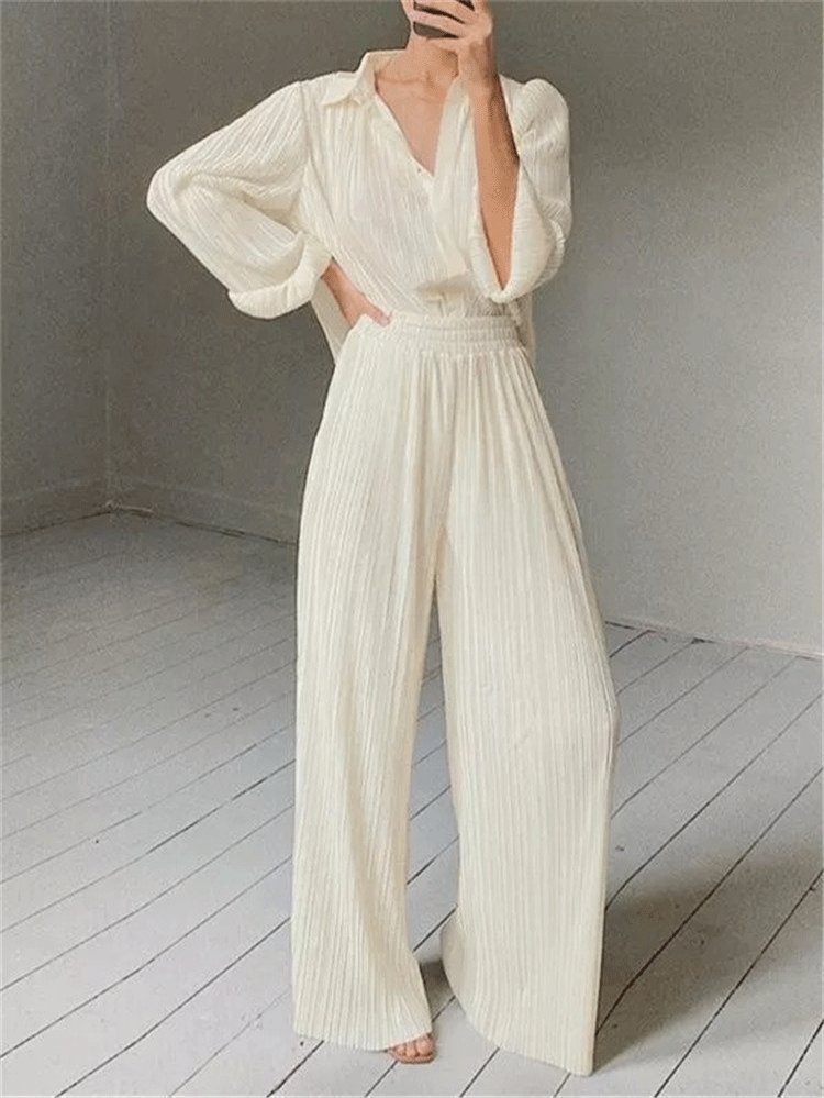Antmvs Women's Sets Long Sleeve Pleated Shirt & Wide-Leg Trousers Two-Piece Suit