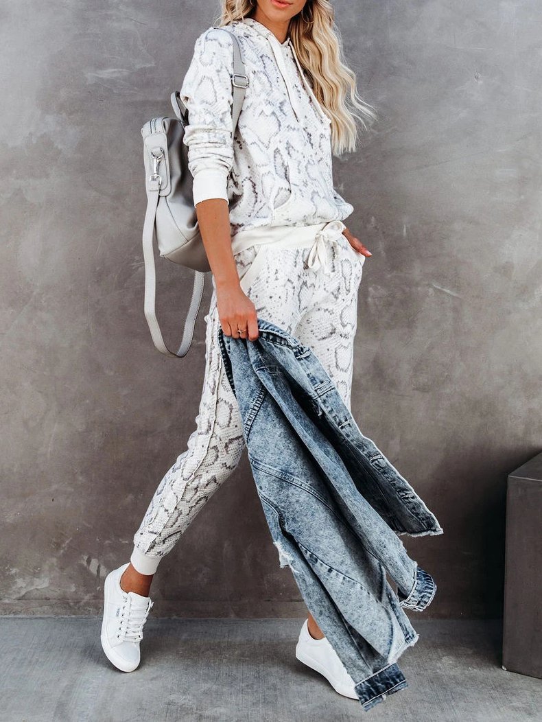 Antmvs Women's Sets Snake Print Hooded & Elasticated Trousers Two-Piece Suit