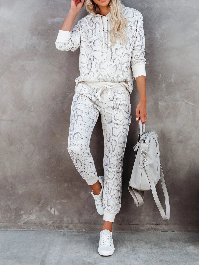Antmvs Women's Sets Snake Print Hooded & Elasticated Trousers Two-Piece Suit