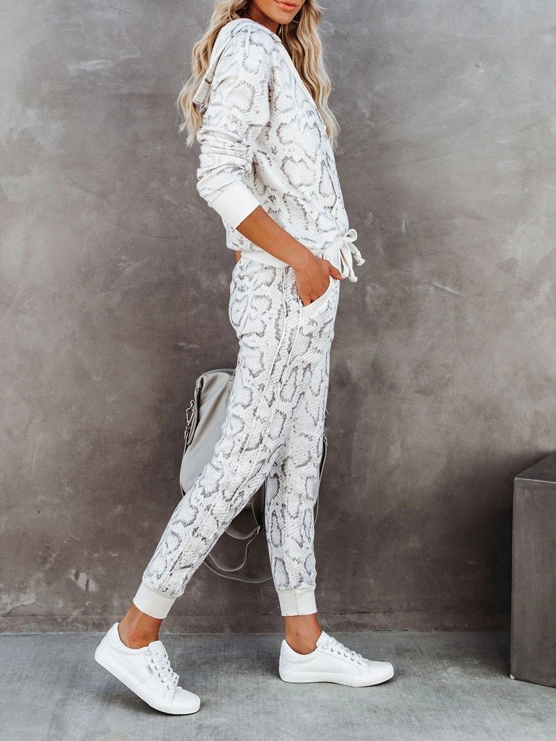 Antmvs Women's Sets Snake Print Hooded & Elasticated Trousers Two-Piece Suit