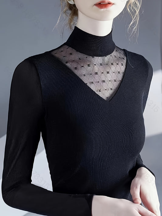 Antmvs Contrast Mesh Mock Neck Knitted Top, Elegant Long Sleeve Slim Sweater, Women's Clothing