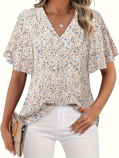 Plus Size Elegant Floral Print V Neck Blouse - Soft Non-Stretch Polyester Fabric, Casual Short Sleeve, Perfect for Spring & Summer - Womens Plus Size Clothing for All Seasons