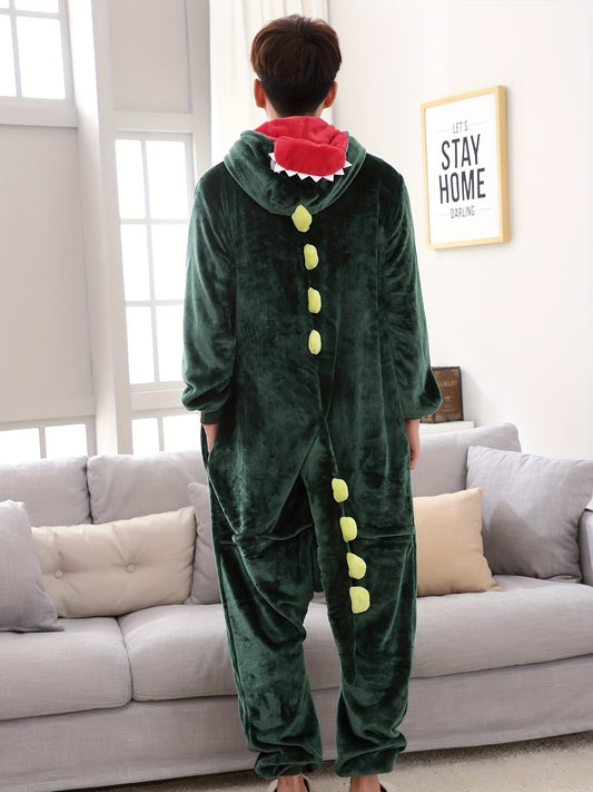 Antmvs one piece Men's Thick Fleece Dinosaur Hooded Pajamas with Pockets - Cozy Loungewear for Winter Nights